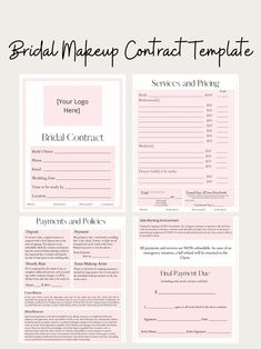 the bridal makeup contract template is shown in pink and black, with text overlaying