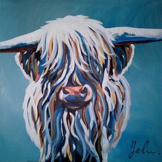 a painting of a long - haired cow with horns painted on it's face