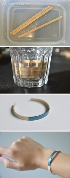 three different pictures showing how to make bracelets out of wood and plastic wrappers