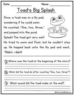 the worksheet for reading and writing about toad's big splash is shown