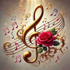 a golden treble with a rose and music notes