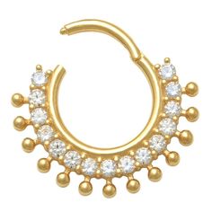 Add this gorgeous 10K Gold Septum Clicker Nose Ring to your jewelry collection. Add this gorgeous 10K Gold Septum Clicker Nose Ring to your jewelry collection. 18 Gauge (1mm) Metal: 10k gold Inner diameter: 8mm Total weight: 0.75 g Packaging: velvety pouch Finish: polishedSTONE DETAILS Stone type: cubic zirconia Shape: round Total weight: 1/10 ct. Center stone size: 1.5 mm X 15 Setting: prong Gemstones may have been treated to enhance their appearance. Special care may be required. Please visit Elegant Hoop Septum Ring For Anniversary, Elegant Cubic Zirconia Septum Ring With Diamond Accents, Elegant Diamond Septum Ring With Accents, Gold Diamond Septum Ring With Prong Setting, 14k Yellow Gold Septum Ring With Prong Setting, Elegant Diamond Septum Ring, Elegant 14k Gold Septum Ring For Anniversary, Elegant Round Diamond Septum Ring, Elegant Wedding Septum Ring