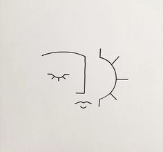 a black and white drawing of a person's face with the sun in the background