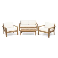 three pieces of furniture with white cushions and wood frame, all in various sizes and colors