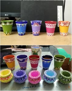 there are many different colored cups on the table