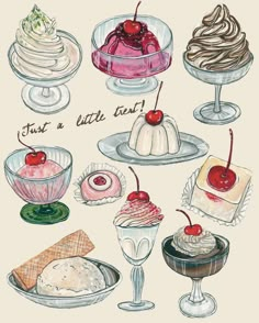 a drawing of different desserts and pastries in glass dishes with cherries on top