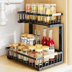 an organized spice rack with spices and condiments