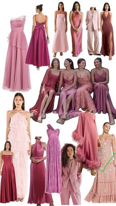 many different types of dresses and gowns for women in pink, red or purple