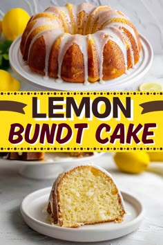 lemon bundt cake on a plate with the title overlay