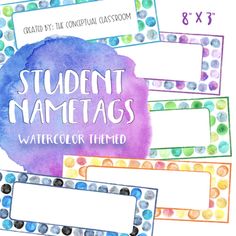 student name tags for watercolor thumbnails with polka dots on the bottom and below