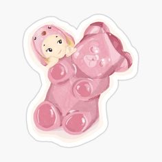 a pink teddy bear sticker with a baby in it's arms and an animal on its back