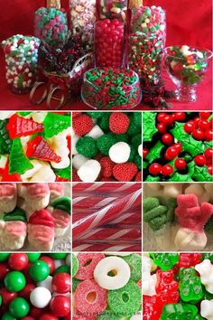 holiday candy bar collage with red, green and white candies