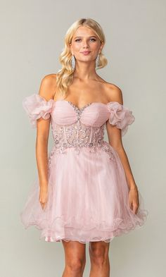 Simply delightful, this short homecoming dress 33796 is cute and sexy all rolled into one. With an off-the-shoulder sweetheart bodice, this short babydoll dress has a sheer corset waist that wraps around to the lace-up back, while adorable ruffled puff sleeves wrap around the upper arms for a romantic look at homecoming, wedding receptions, and other semi-formal events. In misses and some plus sizes, this off-the-shoulder short party dress has a glittery short a-line skirt that flows to the tren Short Babydoll Dress, Corset Homecoming Dress, Dancing Queen Dresses, Short Party Dresses, Sheer Corset, Corset Waist, Short Party Dress, Queen Dress, Short Homecoming Dress