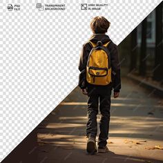 a boy walking down the street with a yellow backpack on his back, transparent background