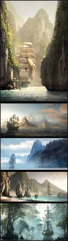 four different views of the ocean with mountains in the background and boats on the water