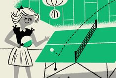 a woman holding a tennis racquet in front of a green table with balls on it