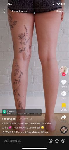 the back of a woman's leg with tattoos on it and an image of flowers