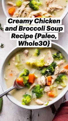 two bowls filled with chicken and vegetable soup