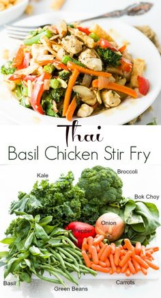 thai basil chicken stir fry with broccoli, carrots, and other vegetables