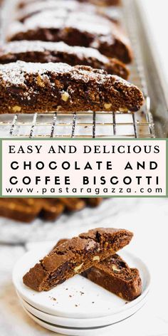 chocolate and coffee biscotti on a cooling rack with text overlay that reads easy and delicious chocolate and coffee biscotti