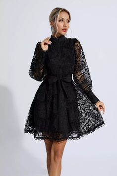 Lorelei Black Lace Jacquard Mini Dress Knee-length Lace Mini Dress For Cocktail, Party Dress With Lace Top, Knee-length, Party Knee-length Dress With Lace Top, Party Lace Top Knee-length Dress, Knee-length Lace Mini Dress With Lace Sleeves, Chic Knee-length Mini Dress With Scalloped Lace, Chic Knee-length Mini Dress With Lace Sleeves, Knee-length Mini Dress With Lace Sleeves, Elegant Winter Mini Dress With Lace Trim