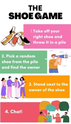 The Shoe Game Infographic School Social Work Activities, Youth Group Games Indoor, Fun Youth Group Games, Icebreaker Games For Kids, Ice Breaker Games For Adults, Group Ice Breakers, Social Work Activities, Fun Games For Adults, Planning A Party