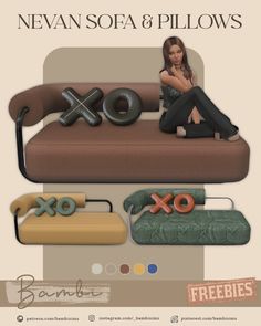 a woman sitting on top of a couch next to pillows and other furniture items with the words nevan sofa & pillows above it