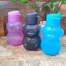 three different colored bottles sitting next to each other on a tile floor near a potted plant