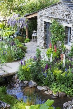 an outdoor garden with water and plants