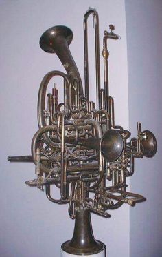 an assortment of brass musical instruments mounted on a wall