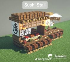 a small building made out of wood and bricks with the words sushi stall above it