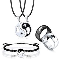 PRICES MAY VARY. Yin Yang Jewelry Set: One order include 2pcs matching Yin Yang necklaces, 2pcs couple cord bracelets and 2pcs couple rings. Meaningful Yin Yang design, Yin and Yang pendant fit together nicely, like the sweet relationship between lover or best friend, symbolize affection or friendship. Yin Yang necklace and bracelet can bring happiness and good luck, are great matching couple gift or friendship gift. Meaningful Design: The Yin and Yang pendants on the necklaces bracelets fit tog Silver Stainless Steel Friendship Jewelry, Couples Metal Jewelry For Gifts, Couples' Metal Jewelry Gift, Silver Couples Jewelry For Friendship, Couples Stainless Steel Jewelry For Friendship, Couples Stainless Steel Friendship-themed Jewelry, Personalized Couples Jewelry, Hypoallergenic White Jewelry For Best Friend, Trendy Silver Jewelry For Best Friend Gift