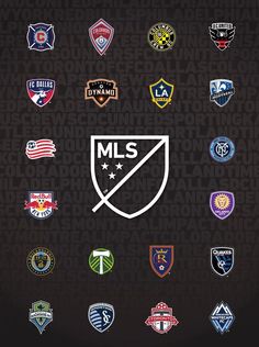 an image of many different sports teams logos on a black background with the words mls above them