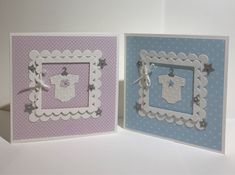 two handmade greeting cards, one with a baby's shirt and the other with a teddy bear