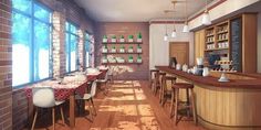 an artist's rendering of a restaurant with wooden tables and chairs, brick walls, and windows