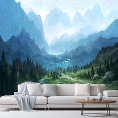 a living room scene with mountains and trees painted on the wall, along with a couch