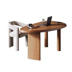 a wooden table with two chairs and a laptop on it