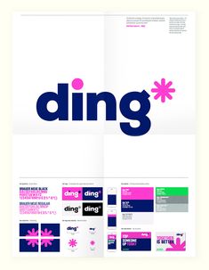 a brochure with the word ding written in bold blue, pink and green