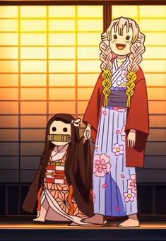 an animated image of two people dressed in traditional japanese clothing, one holding the other's hand