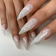 Nails Marble Designs, Almond Nails Marble, Milky White Almond Nails, French Tips Glitter, Marble Acrylic Nails, White Almond Nails, Acrylic Techniques, Nails Marble, Long Almond Nails