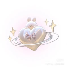 a white heart with a bow on it surrounded by stars and circles, in the shape of a saturn