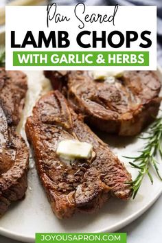 grilled lamb chops with garlic and herbs on a white plate text overlay