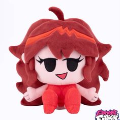 a red stuffed animal with big eyes and long hair, sitting on the white floor