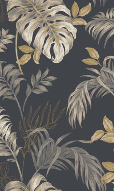 a black and gold wallpaper with tropical leaves on the back drop in shades of grey