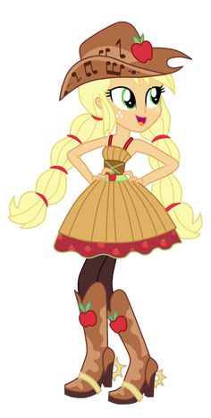 a cartoon girl in a cowboy hat and dress with her hands on her hips, wearing boots