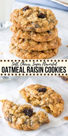 oatmeal raisin cookies stacked on top of each other with the title above it