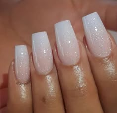 Silver Almond Nails Glitter, Prom Nails Classy, French Manicure Glitter, Stars Nails, Wedding Nail Art Design, Classy Prom, Milky Nails, Gold Prom, White Prom