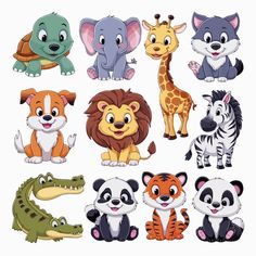 an assortment of cartoon animals on a white background