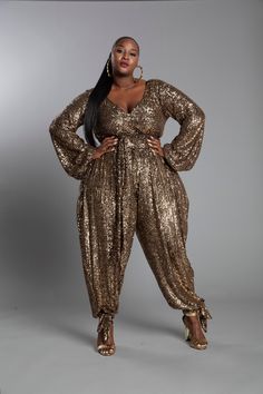 JIBRI Gold Sequin Jumpsuit w Ankle Ties Sew A Jumpsuit, Sequin Jumpsuit Outfit, Denim Jumpsuit Black, Classic Edgy Outfits, Gold Sequin Jumpsuit, Edgy Bride, Disco Look, Jumpsuit Plus Size, Gold Jumpsuit