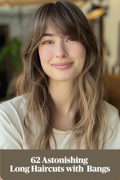 Woman with a long haircut and bangs, featuring soft, flowing layers. Long Haircuts With Bangs, Cute Bangs, Long Haircut, Hair Appointment, Long Locks, Long Hair With Bangs, Hair Makeover, Haircuts With Bangs, Latest Hairstyles